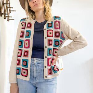 Alfred Dunner Vintage Crochet Granny Square Beige Ramie Cotton Knit Cardigan PXL